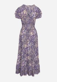 Born2be - Granatowa Rozkloszowana Kopertowa Sukienka z Bawełny o Wzorze Paisley z Gumką w Talii Zonne. Okazja: na co dzień. Typ kołnierza: dekolt w kształcie V, dekolt kopertowy. Kolor: niebieski. Materiał: bawełna. Długość rękawa: krótki rękaw. Wzór: paisley. Typ sukienki: kopertowe. Styl: casual, elegancki, klasyczny #2