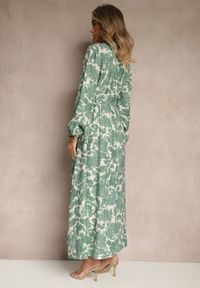 Renee - Zielona Kwiecista Sukienka z Wiskozą o Rozkloszowanym Kroju Filennea. Okazja: na co dzień, na spacer. Typ kołnierza: dekolt w serek. Kolor: zielony. Materiał: wiskoza. Długość rękawa: długi rękaw. Styl: elegancki, casual #4