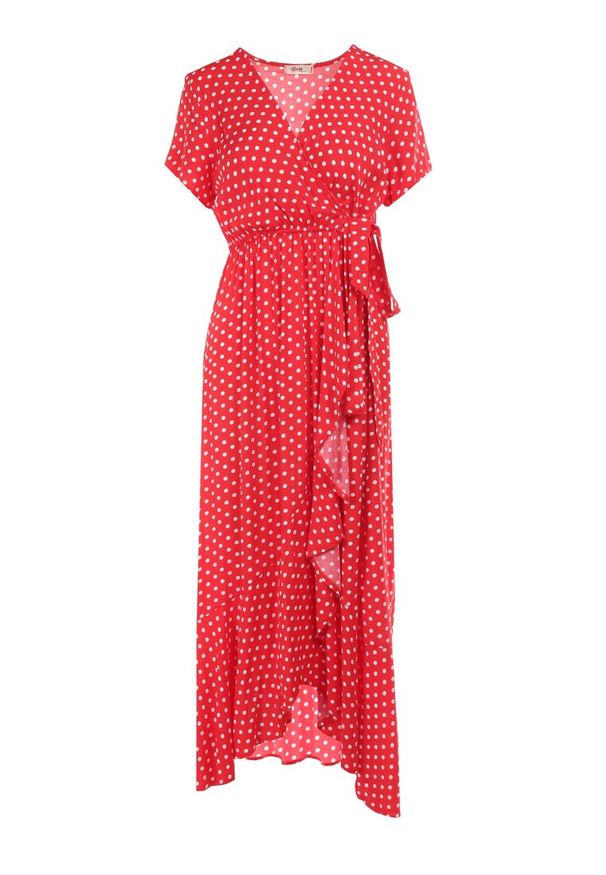 Born2be - Czerwona Sukienka Echosia. Kolor: czerwony. Materiał: materiał. Długość rękawa: krótki rękaw. Wzór: kropki. Typ sukienki: kopertowe. Długość: maxi