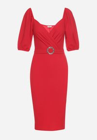 Born2be - Czerwona Sukienka Dopasowana z Paskiem i Klamrą w Talii oraz Bufiastymi Rękawami Lurdia. Okazja: na ślub cywilny, na wesele. Kolor: czerwony. Wzór: aplikacja. Styl: elegancki #6