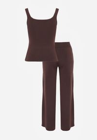 Renee - Brązowy Komplet z Dzianiny z Wiskozą Spodnie Wide Leg i Top z Guzikami Merice. Kolor: brązowy. Materiał: dzianina, wiskoza #8