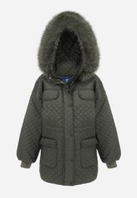 Born2be - Ciemnozielona Kurtka z Futrzanym Kapturem i Drobnym Pikowaniem Esdrage. Kolor: zielony. Materiał: futro. Wzór: jednolity. Sezon: jesień, wiosna