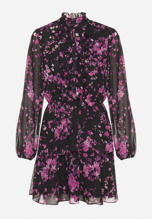 Born2be - Czarno-Fioletowa Rozkloszowana Sukienka Kwiatowa z Falbankami i Gumką w Pasie Zinilda. Okazja: na co dzień. Typ kołnierza: kołnierz z falbankami. Kolor: czarny. Wzór: kwiaty. Typ sukienki: proste, rozkloszowane. Styl: casual, elegancki