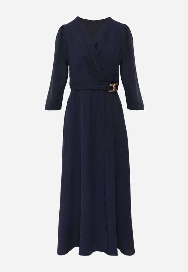 Renee - Granatowa Elegancka Sukienka o Kopertowym Kroju Zdobiona Aplikacją w Talii Zilendra. Kolor: niebieski. Wzór: aplikacja. Typ sukienki: kopertowe. Styl: elegancki