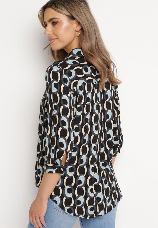 Born2be - Czarno-Niebieska Koszula z Bawełny i Wiskozy z Rękawem 3/4 i Ozdobnym Wzorem Tinari. Kolor: czarny. Materiał: bawełna, wiskoza. Sezon: wiosna, lato