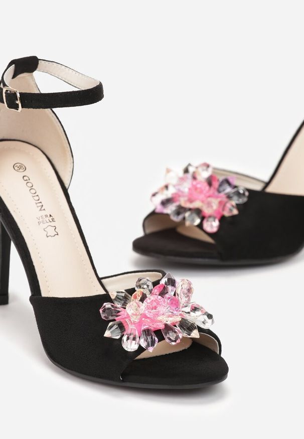 Born2be - Czarne Sandały na Szpilce ze Skórzaną Wkładką Lazare. Zapięcie: sprzączka. Kolor: czarny. Materiał: skóra. Wzór: aplikacja. Obcas: na szpilce