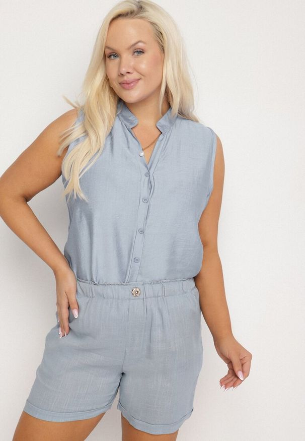 Born2be - Niebieskie Casualowe Szorty z Lnem z Gumką w Talii Filowena. Okazja: na co dzień. Kolekcja: plus size. Kolor: niebieski. Materiał: len. Styl: casual