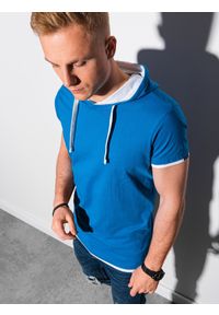 Ombre Clothing - T-shirt męski z kapturem bez nadruku S1376 - niebieski - XXL. Okazja: na co dzień. Typ kołnierza: kaptur. Kolor: niebieski. Materiał: bawełna, jersey, dzianina. Styl: klasyczny, casual