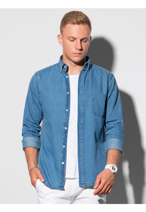 Ombre Clothing - Koszula męska z długim rękawem K568 - niebieska - L. Kolor: niebieski. Materiał: jeans, bawełna. Długość rękawa: długi rękaw. Długość: długie