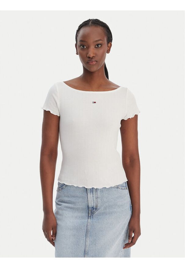 Tommy Jeans T-Shirt Lettuce Edge DW0DW22460 Écru Slim Fit. Kolor: kremowy. Materiał: bawełna