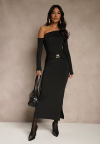 Renee - Czarna Sukienka z Wiskozą Aplikacją Marszczeniem i Wywiniętym Dekoltem Reilenna. Kolor: czarny. Materiał: wiskoza. Wzór: aplikacja #5