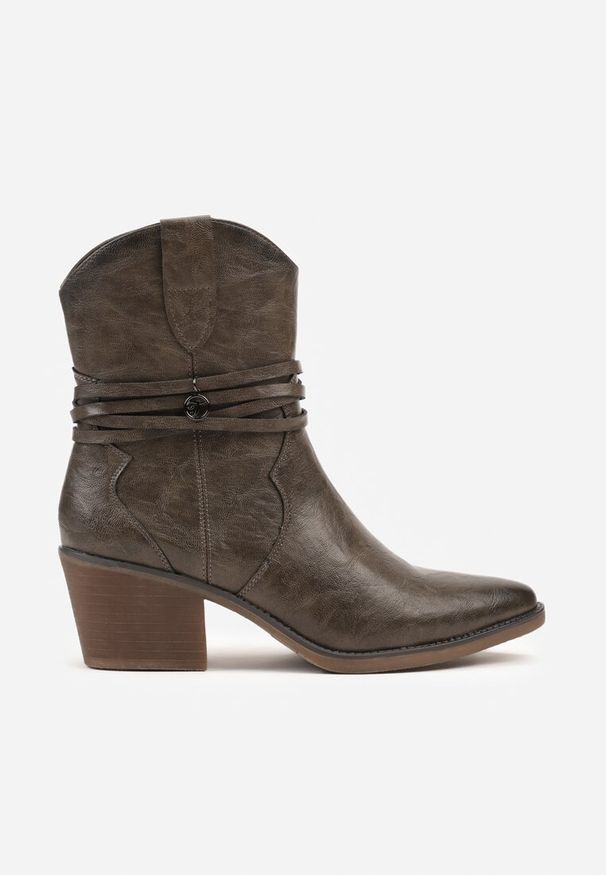 Born2be - Ciemnobeżowe Botki w Stylu Kowbojek na Stożku Zdobione Rzemykiem Mionadia. Okazja: na co dzień. Kolor: beżowy. Materiał: zamsz, jeans. Wzór: aplikacja. Sezon: zima, jesień. Obcas: na stożku. Styl: casual, boho. Wysokość obcasa: średni