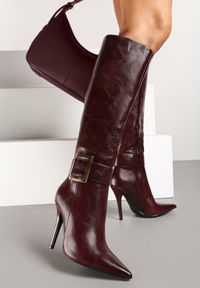 Born2be - Bordowe Kozaki na Szpilce Ozdobione Klamrą Innadora. Okazja: na co dzień. Zapięcie: klamry. Kolor: czerwony. Materiał: jeans. Wzór: aplikacja. Obcas: na szpilce. Styl: casual, elegancki #3