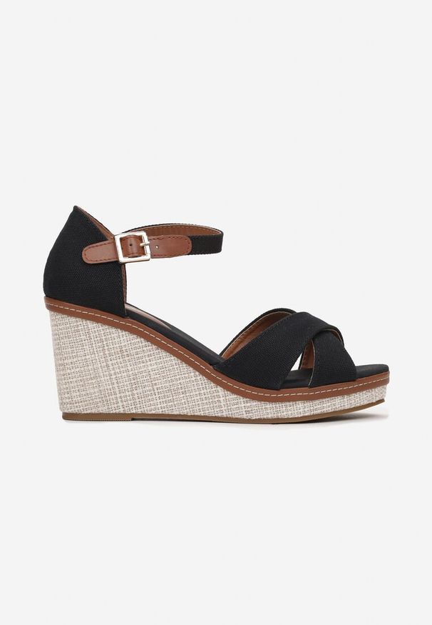 Renee - Czarne Sandały Espadryle na Wysokim Koturnie z Plecionką Nitzy. Kolor: czarny. Obcas: na koturnie. Styl: boho, wakacyjny