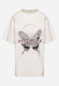 Born2be - Biały T-shirt Oversize z Bawełny z Nadrukiem z Motylem Nonatira. Okazja: na spacer. Kolor: biały. Materiał: bawełna. Wzór: nadruk. Styl: klasyczny, elegancki
