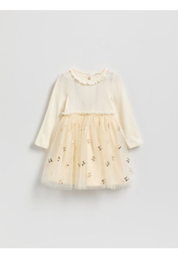 Reserved - Bawełniana sukienka z tiulowym dołem - kremowy. Kolor: kremowy. Materiał: tiul, bawełna