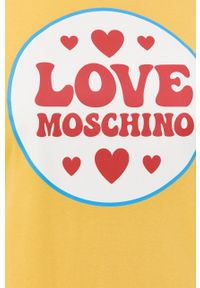 Love Moschino sukienka kolor żółty mini prosta. Okazja: na co dzień. Kolor: żółty. Długość rękawa: krótki rękaw. Wzór: nadruk. Typ sukienki: proste. Styl: casual. Długość: mini