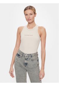 Calvin Klein Jeans Top Hero Monologo Rib Tank J20J222975 Écru Regular Fit. Materiał: bawełna #1