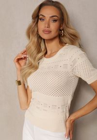 Renee - Beżowa Klasyczna Bluzka w Ażurowy Wzór Lidakra. Okazja: na co dzień. Kolor: beżowy. Materiał: jeans. Długość rękawa: krótki rękaw. Długość: krótkie. Wzór: ażurowy. Styl: klasyczny