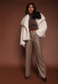 Renee - Jasnobrązowe Szerokie Spodnie High Waist z Imitacji Skóry Enawinn. Okazja: na imprezę, na co dzień. Stan: podwyższony. Kolor: brązowy. Materiał: skóra. Styl: casual, elegancki #4