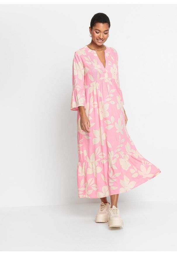 bonprix - Długa sukienka z lejącej wiskozy. Typ kołnierza: dekolt w serek. Kolor: różowy. Materiał: wiskoza. Wzór: kwiaty. Sezon: lato. Długość: maxi