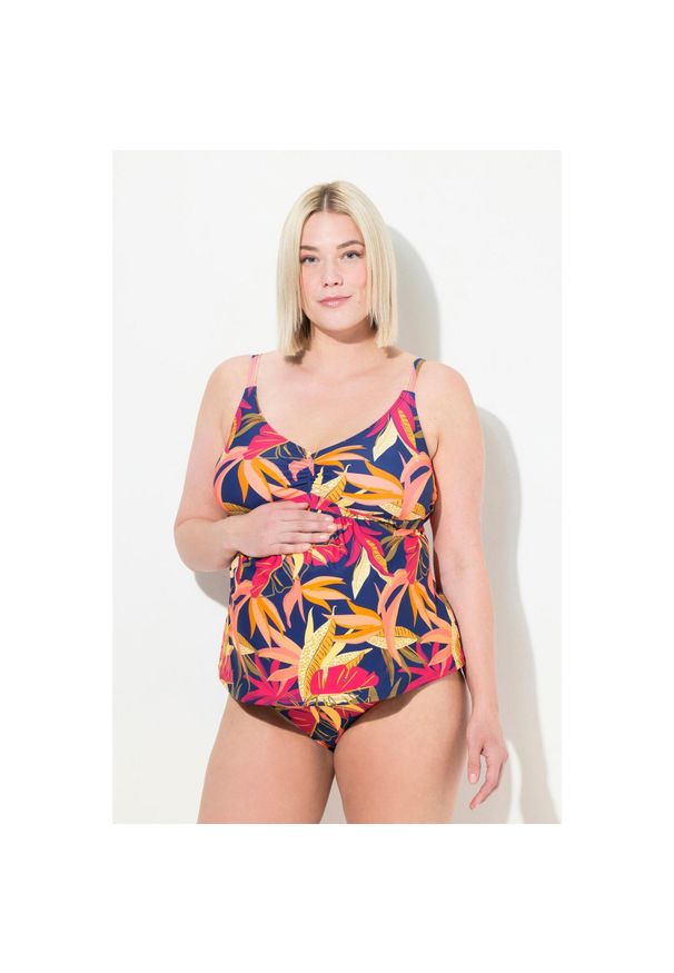 ULLA POPKEN - Damskie Tankini Bellieva leśny wzór bez miękkich miseczek z recyklingu. Kolekcja: plus size. Kolor: niebieski. Materiał: elastan, poliamid, materiał