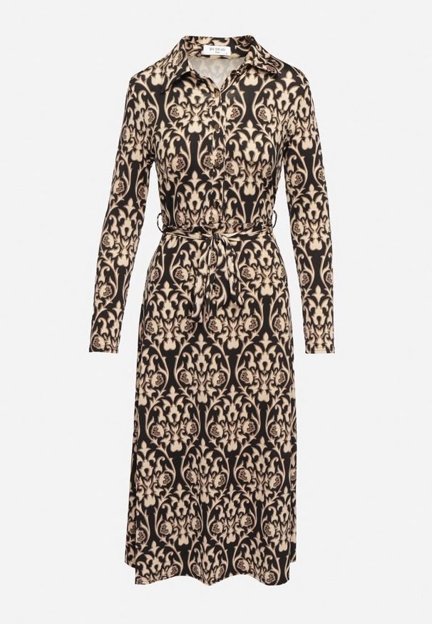 Born2be - Czarno-Beżowa Sukienka Koszulowa Ozdobiona Ornamentalnym Wzorem Mesilie. Okazja: na co dzień. Typ kołnierza: dekolt w kształcie V. Kolor: czarny. Materiał: wiskoza. Długość rękawa: długi rękaw. Wzór: aplikacja. Typ sukienki: koszulowe. Styl: casual