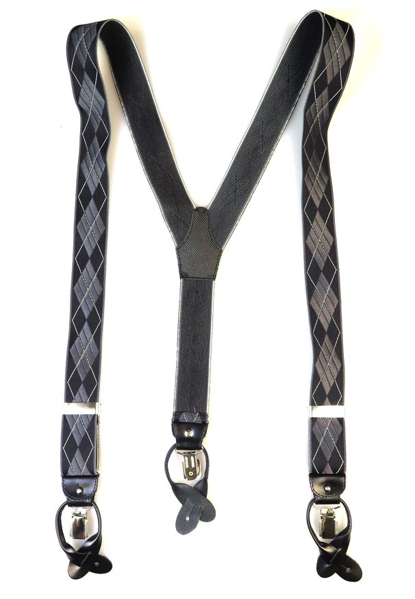 Modini - Czarne szelki na guziki z szarymi rombami G29. Kolor: szary, czarny, wielokolorowy. Materiał: skóra, guma