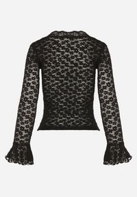 Born2be - Czarna Koronkowa Bluzka z Długim Rękawem z Falbanką Isotara. Okazja: na co dzień. Typ kołnierza: dekolt w serek. Kolor: czarny. Materiał: koronka. Długość rękawa: długi rękaw. Długość: długie. Styl: casual, elegancki #4