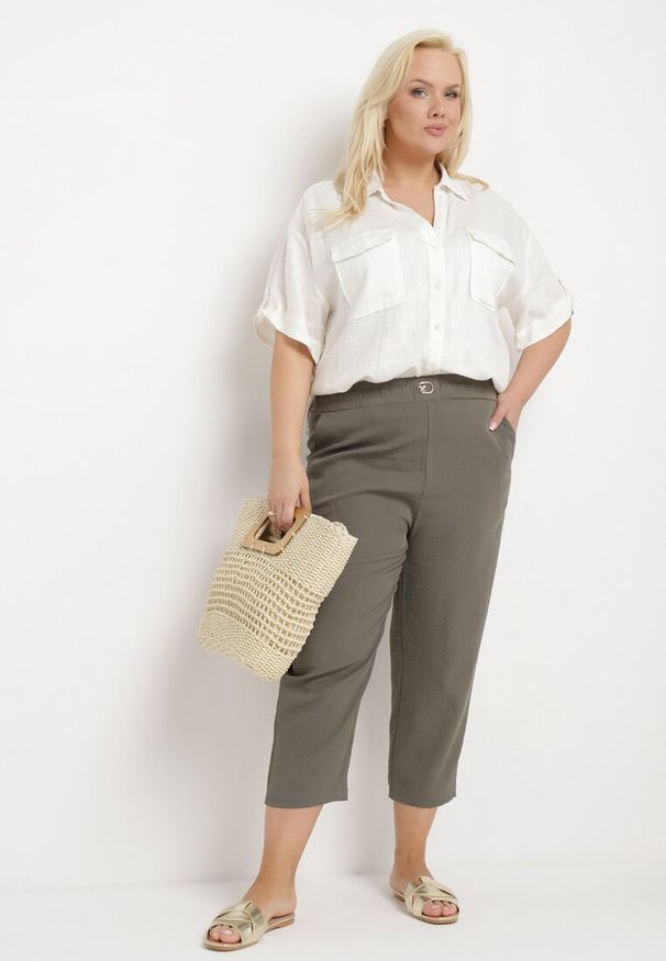 Born2be - Ciemnobeżowe Spodnie o Klasycznym Kroju z Metalową Wstawką i Cyrkoniami Oleessa. Kolor: beżowy. Materiał: tkanina, bawełna. Sezon: lato. Styl: klasyczny