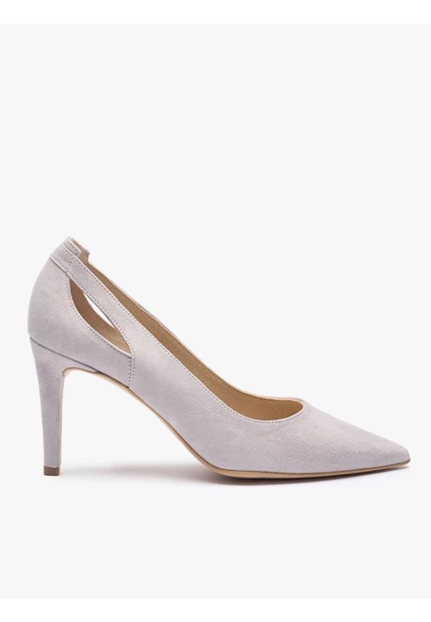 Ryłko - Jasnoszare czółenka z wycięciem na szpilce. Okazja: do pracy. Kolor: szary. Materiał: skóra, welur. Obcas: na szpilce. Styl: street, elegancki, klasyczny, wizytowy