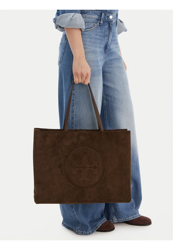 Tory Burch Torebka Ella Suede Tote 170980 Brązowy. Kolor: brązowy. Materiał: skórzane, zamszowe