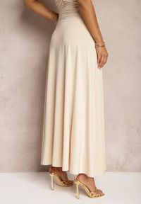 Renee - Beżowa Rozkloszowana Spódnica High Waist z Marszczeniem w Pasie Nolisea. Stan: podwyższony. Kolor: beżowy. Materiał: tkanina