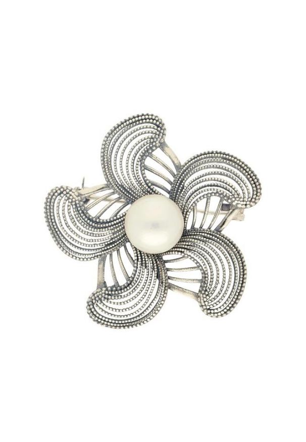 Polcarat Design - Broszka z białą perłą B 168. Materiał: srebrne. Kolor: biały. Wzór: aplikacja. Kamień szlachetny: perła