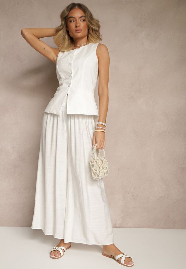 Renee - Jasnobeżowe Spodnie z Wiskozą o Szerokim Kroju High Waist Orrana. Okazja: na co dzień. Stan: podwyższony. Kolor: beżowy. Materiał: wiskoza. Styl: elegancki, casual