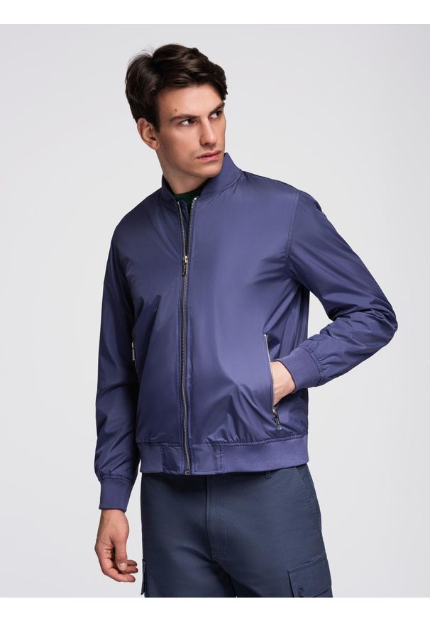Ombre Clothing - Lekka bomberka męska ze ściągaczami – granatowa V4 - Rozmiar: M. Okazja: na co dzień. Kolor: niebieski. Materiał: materiał. Sezon: wiosna, jesień. Styl: casual, elegancki