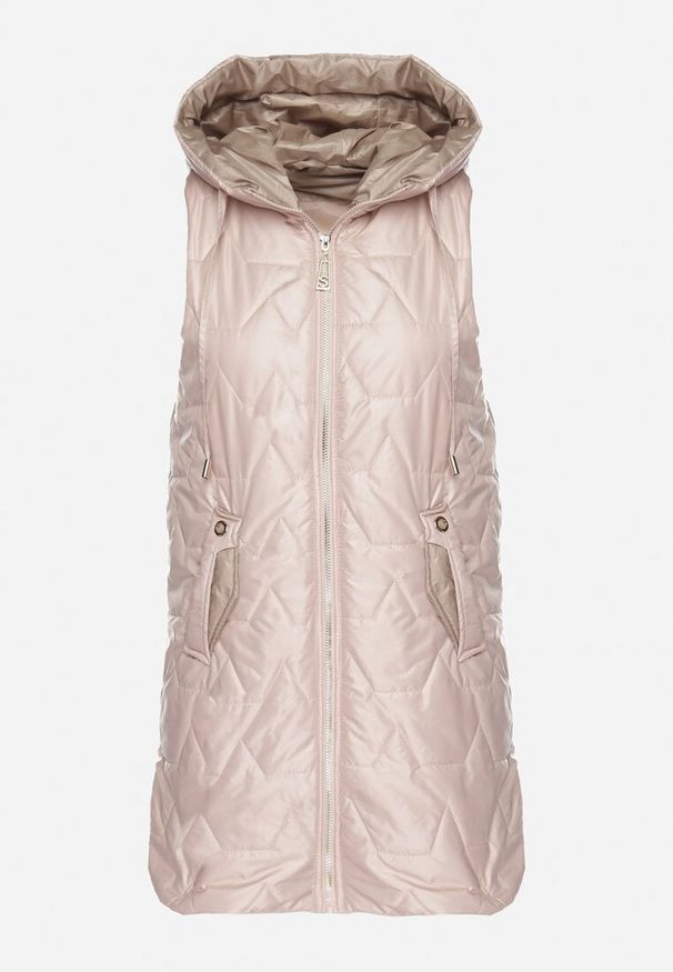 Born2be - Beżowa Długa Kamizelka z Pikowaniem i Ozdobnymi Suwakami Desilla. Okazja: na co dzień. Kolor: beżowy. Materiał: jeans. Długość: długie. Styl: casual