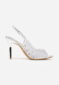 Renee - Srebrne Siateczkowe Sandały na Szpilce VICES Ozdobione Cyroniami Amamenis. Nosek buta: otwarty. Kolor: srebrny. Materiał: skóra, materiał. Wzór: aplikacja. Sezon: lato. Obcas: na szpilce. Wysokość obcasa: średni #8