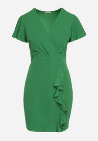 Born2be - Zielona Dopasowana Sukienka Mini z Kopertowym Dekoltem i Ozdobną Falbanką Gwendara. Kolor: zielony. Typ sukienki: kopertowe. Styl: elegancki. Długość: mini #4