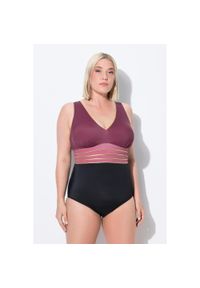 ULLA POPKEN - Damski Strój kąpielowy złota lamówka miękkie miseczki dekolt w serek. Kolekcja: plus size. Kolor: czarny. Materiał: poliester, elastan, poliamid, materiał