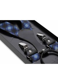Modini - Niebieskie szelki w kratę SZ148. Kolor: niebieski. Materiał: skóra, guma #1