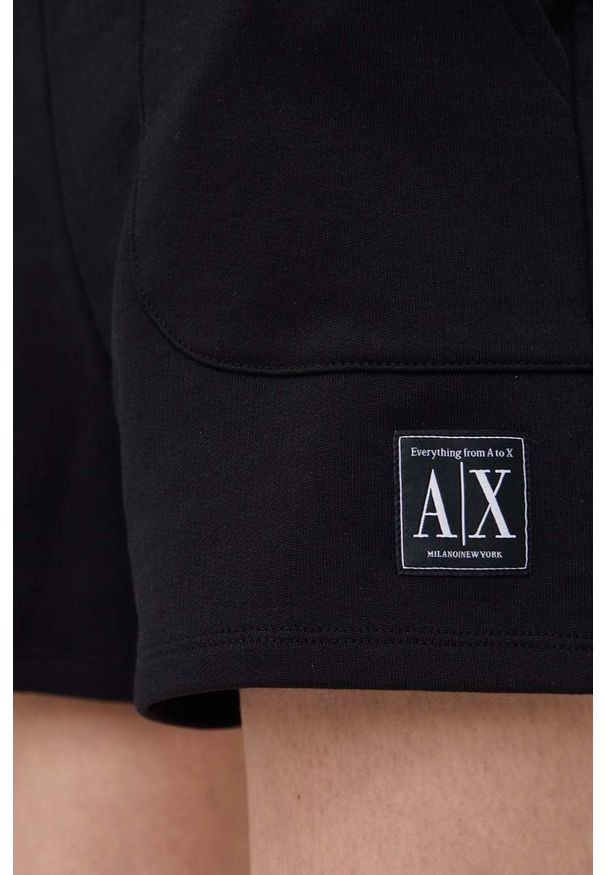 Armani Exchange szorty bawełniane damskie kolor czarny z aplikacją high waist. Stan: podwyższony. Kolor: czarny. Materiał: bawełna. Wzór: aplikacja