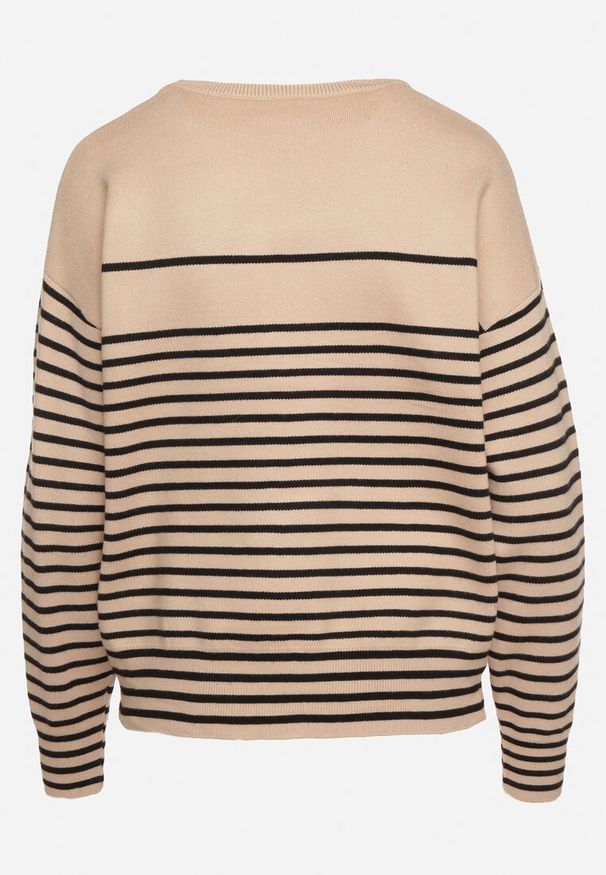 Born2be - Beżowy Sweter z Bawełną w Paski z Haftowanym Napisem Zeanista. Okazja: na co dzień. Kolor: beżowy. Materiał: bawełna. Długość rękawa: długi rękaw. Długość: długie. Wzór: napisy, paski, haft. Styl: klasyczny, elegancki, casual