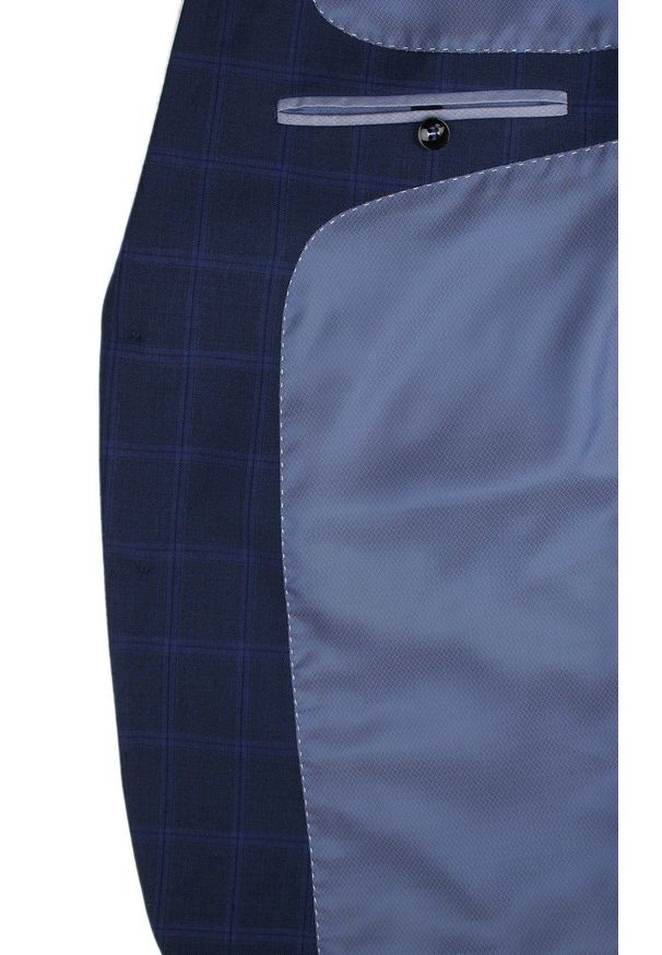 Elegancka Marynarka Męska - Casino - Delikatnie Taliowana - Granatowa w Kratę. Kolor: niebieski. Materiał: wiskoza, poliester. Styl: elegancki