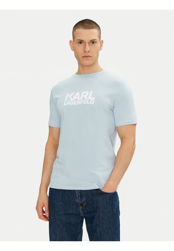 Karl Lagerfeld - KARL LAGERFELD T-Shirt 755087 552235 Błękitny Regular Fit. Typ kołnierza: dekolt w karo. Kolor: niebieski. Materiał: bawełna