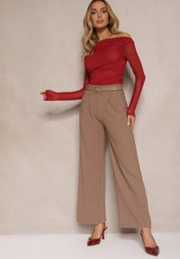 Renee - Brązowe Garniturowe Spodnie High Waist z Gumką i Dodatkowym Paskiem w Talii Mattine. Stan: podwyższony. Kolor: brązowy. Materiał: dzianina #5