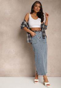 Renee - Niebieska Ołówkowa Spódnica Jeansowa z Dodatkowym Paskiem z Klamrą Malirae. Okazja: na co dzień. Kolor: niebieski. Materiał: jeans. Styl: klasyczny, casual, elegancki #4
