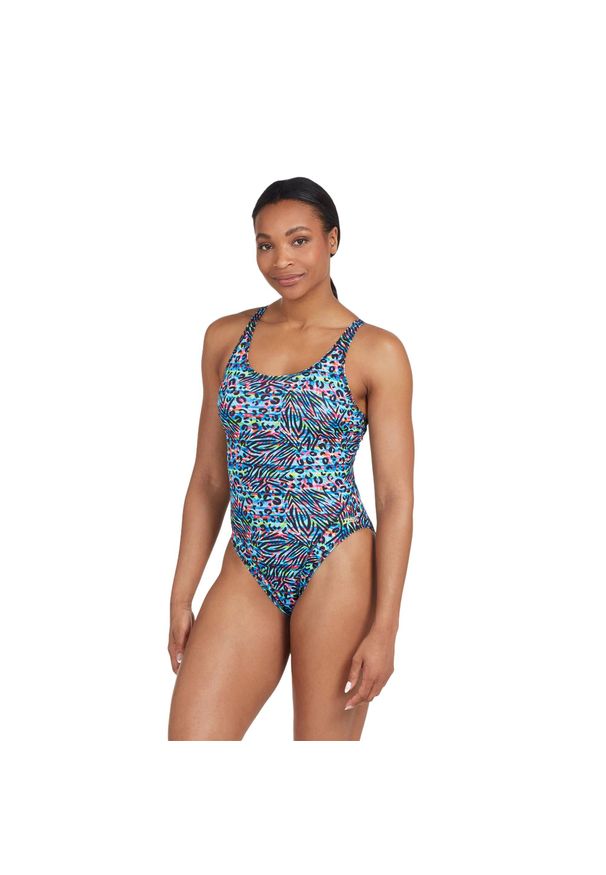 ZOGGS - Strój pływacki jednoczęściowy damski Zoggs Namibia Masterback. Kolor: niebieski. Wzór: nadruk
