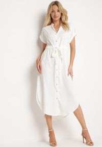Born2be - Biała Koszulowa Sukienka z Wiązaniem w Pasie Maudelles. Kolor: biały. Typ sukienki: koszulowe #5