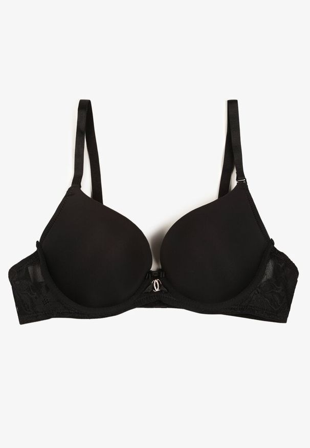 Renee - Czarny Biustonosz z Efektem Push Up i Ozdobną Koronką Emithria. Kolor: czarny. Materiał: koronka. Rodzaj stanika: push-up. Wzór: koronka